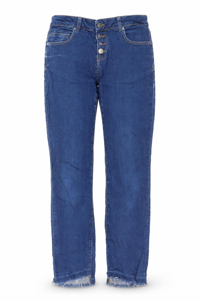 Front view of women’s blue straight jeans, size UK 28, in, 25-inch leg