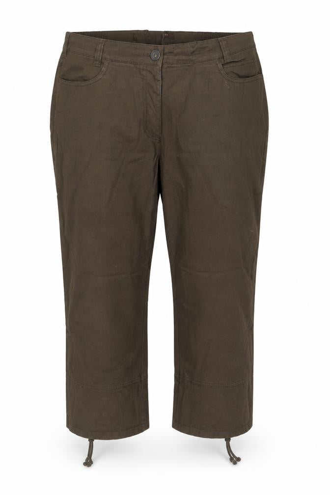 Front view of Preworn women’s brown trousers, size UK 38, in, 24-inch leg