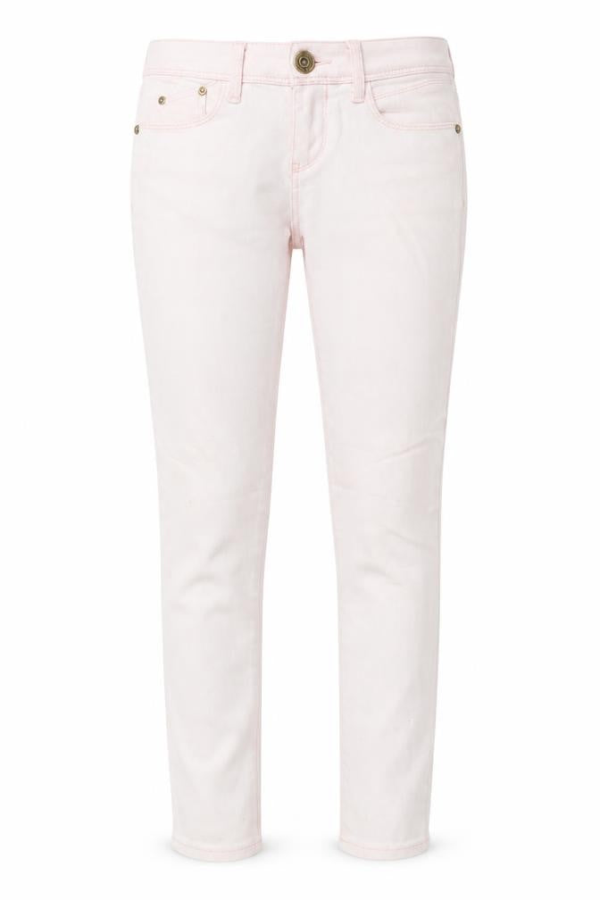 Front view of women’s pink straight jeans, size UK 28, in, 28-inch leg