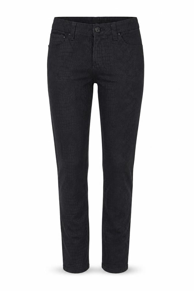 Front view of women’s black skinny jeans, size UK 28, in, 27-inch leg