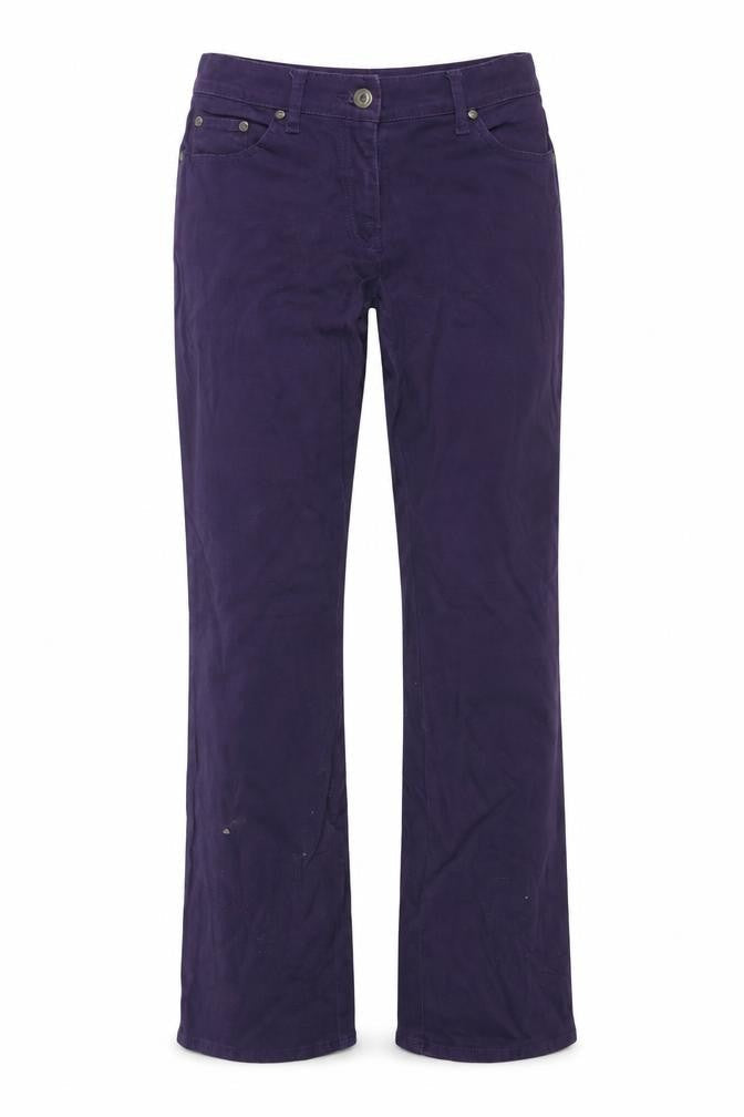 Front view of women’s purple straight jeans, size UK 28, in, 29-inch leg