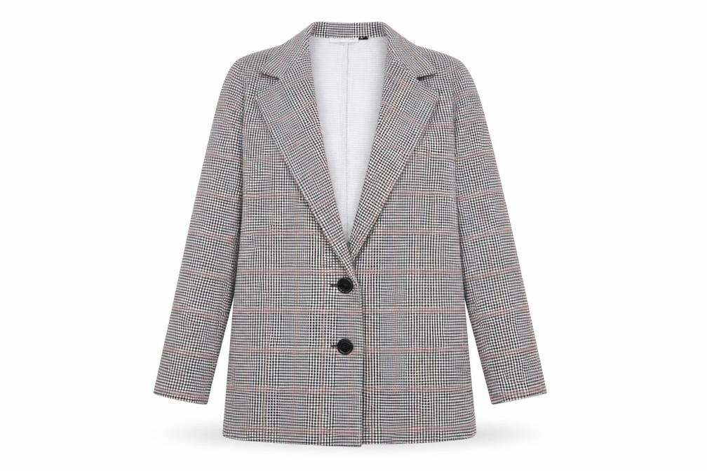 Front view of In the Style women’s grey houndstooth jersey jacket blazer, size UK 8
