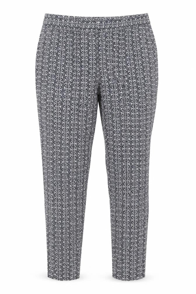 Front view of Katherine Barclay women’s blue geometric trousers, size UK 14, 25-inch leg