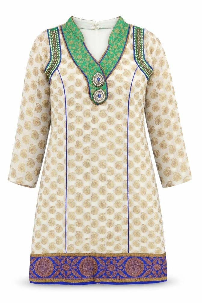 Front view of Preworn women’s multicoloured paisley basic blouse, size UK 8, - side splits jewelled