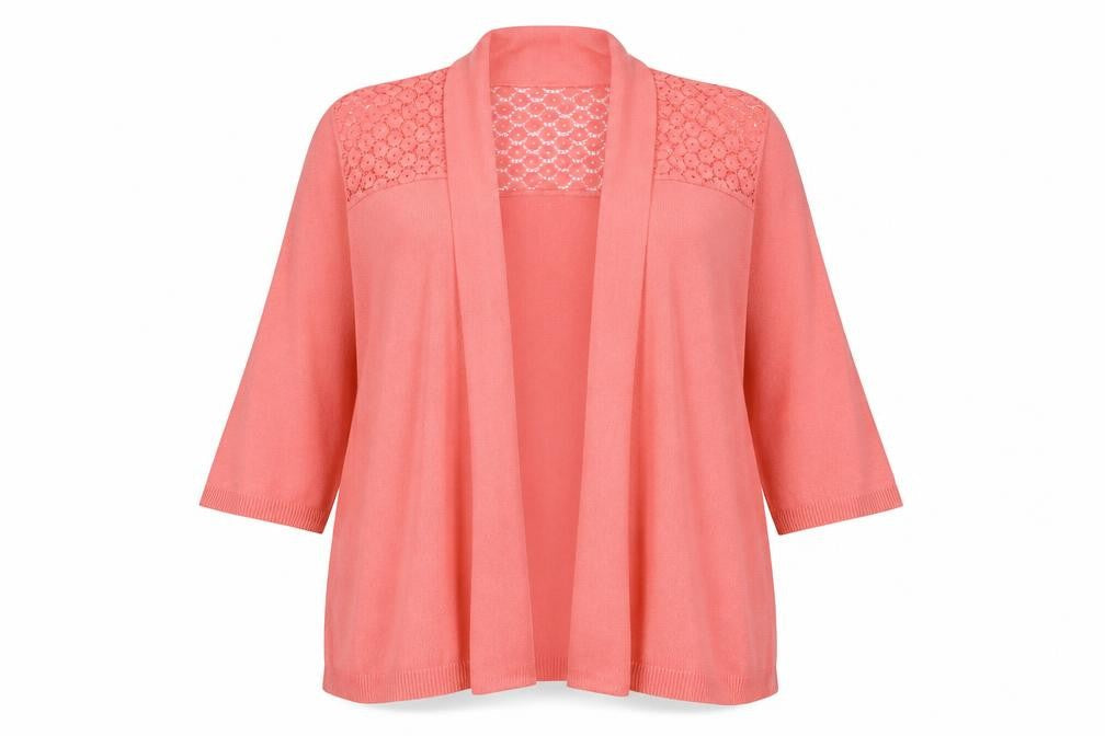 Front view of Anthology women’s pink knit cardigan jumper, size UK 14