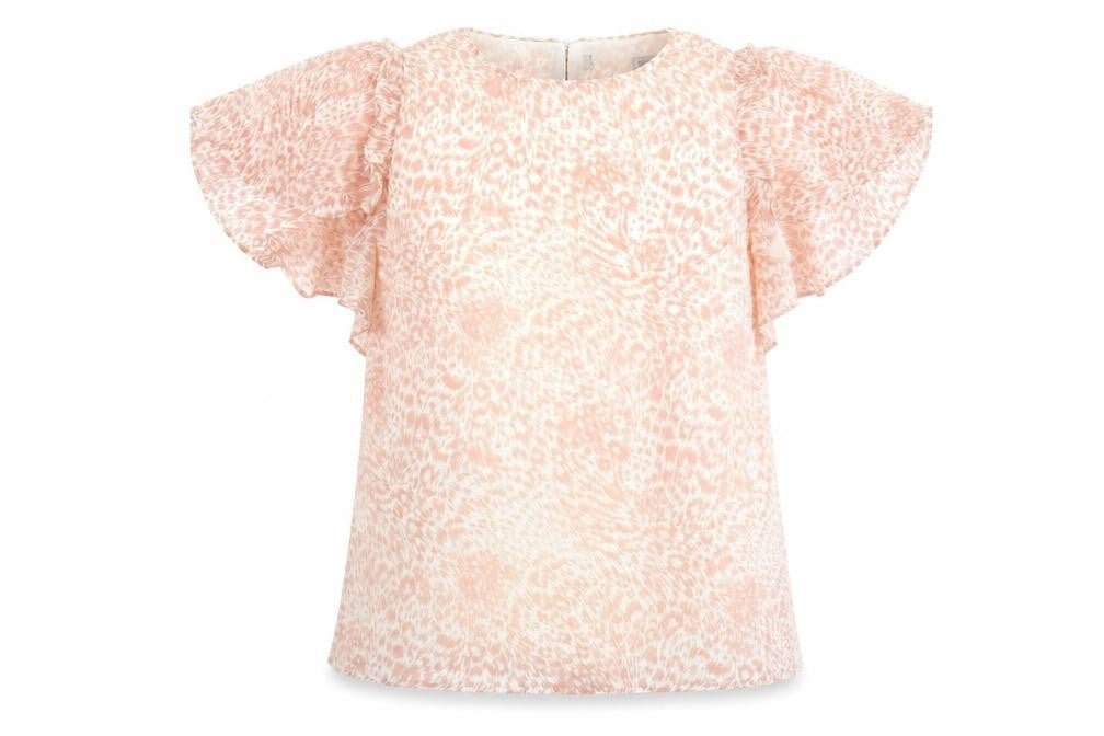 Front view of Preworn women’s pink animal print basic blouse, size UK 10