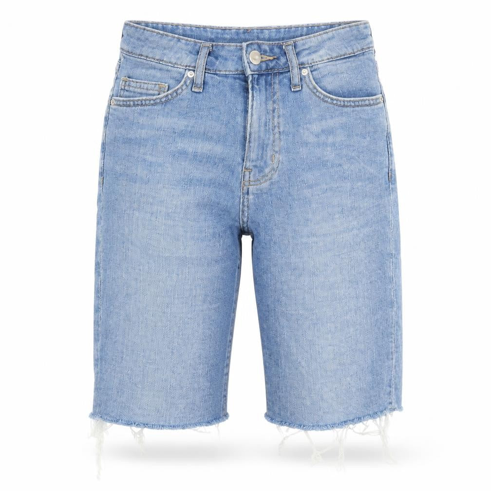 Front view of H&M women’s blue cut-off shorts, size UK 6