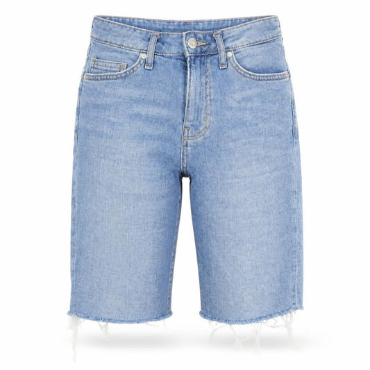 Front view of H&M women’s blue cut-off shorts, size UK 6