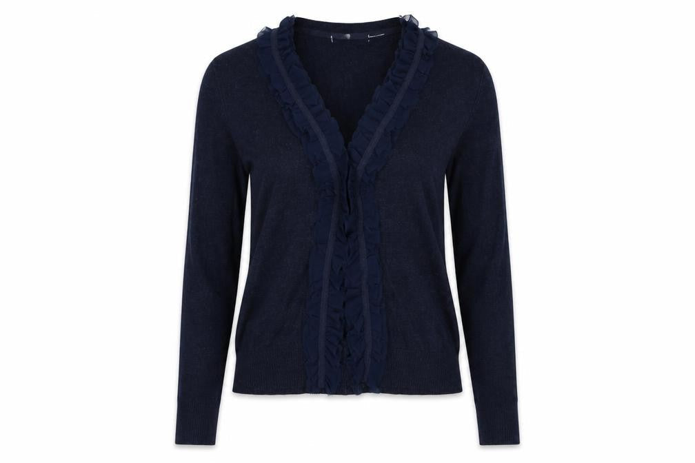 Front view of Preworn women’s blue knit cardigan jumper, size M