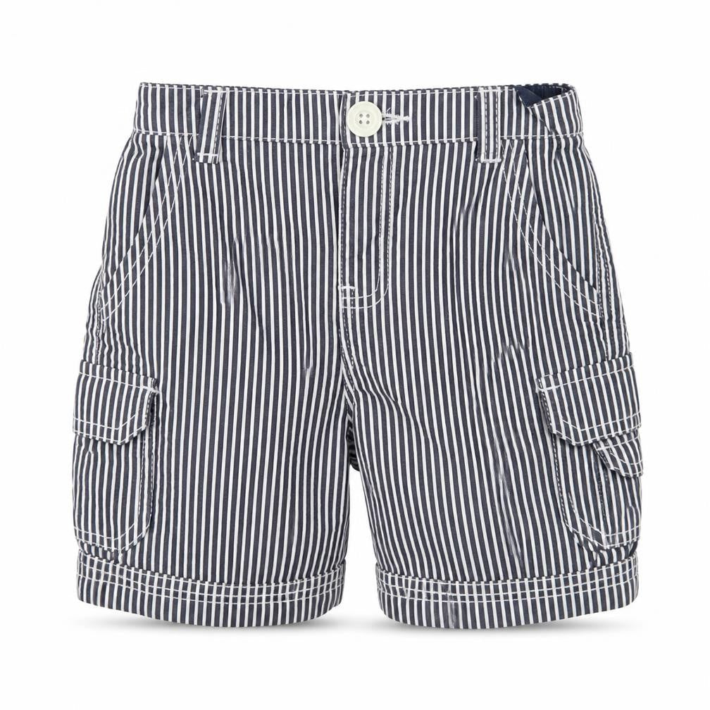Front view of baby league Baby Blue Striped Cropped Trousers, size 18-24, Months