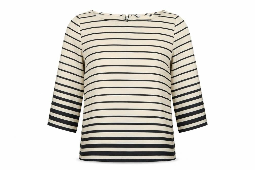Front view of Preworn women’s gold striped satin basic blouse, size UK 14