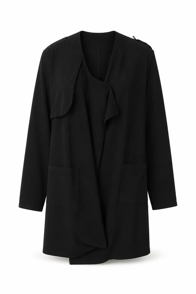 Front view of Boohoo women’s black overcoat coat, size M