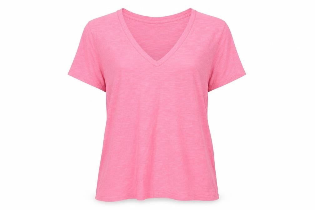 Front view of Emily the Strange women’s pink basic t-shirt, size UK 14