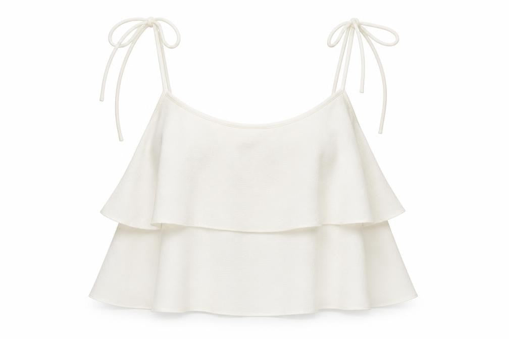 Front view of Miss Selfridge women’s white chiffon cropped tank, size UK 10