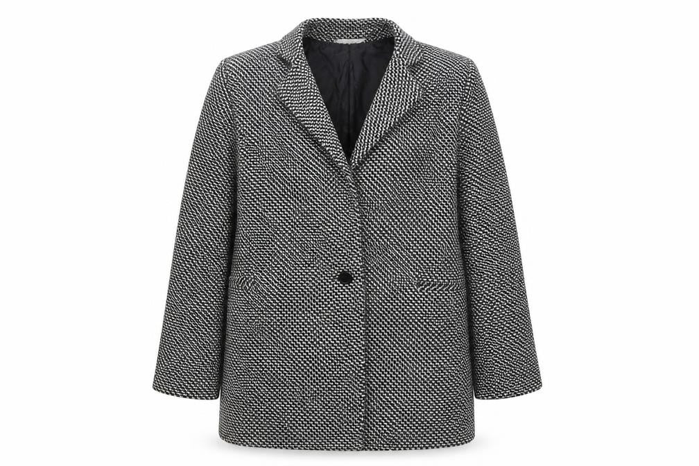 Front view of Preworn women’s black geometric jacket, size XL