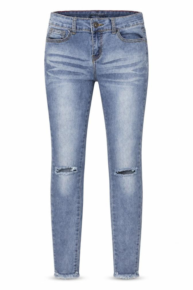 Front view of Roma Studio women’s blue denim skinny jeans, size S, 28-inch leg