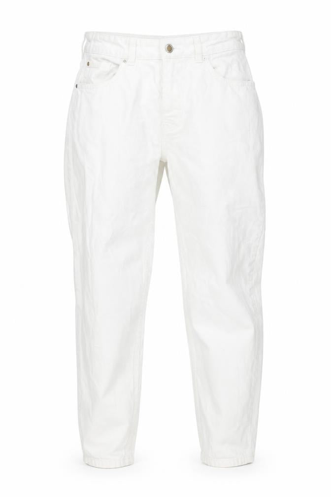 Front view of women’s white denim straight jeans, size UK 12, 25-inch leg