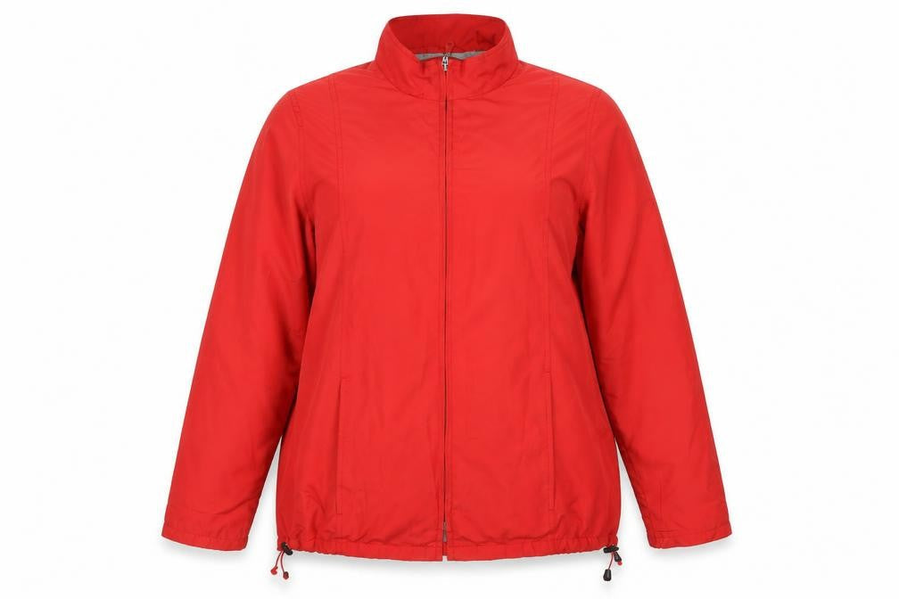 Front view of Preworn women’s red windbreaker coat, size UK 14