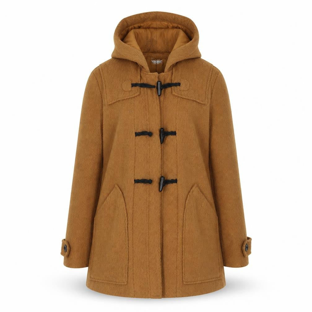 Front view of Preworn women’s beige overcoat coat, size M