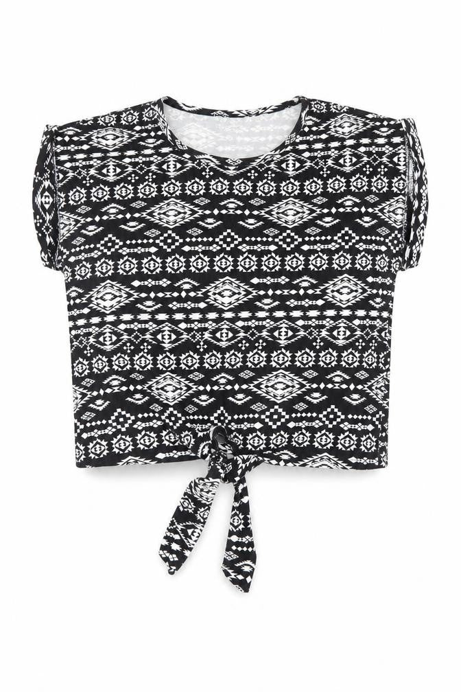 Front view of Dunnes women’s black geometric basic t-shirt, size UK 8