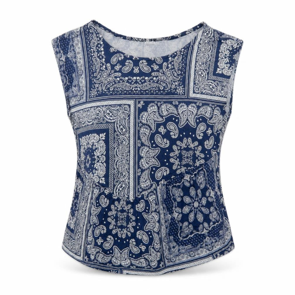 Front view of Pimkie women’s blue paisley basic t-shirt, size M