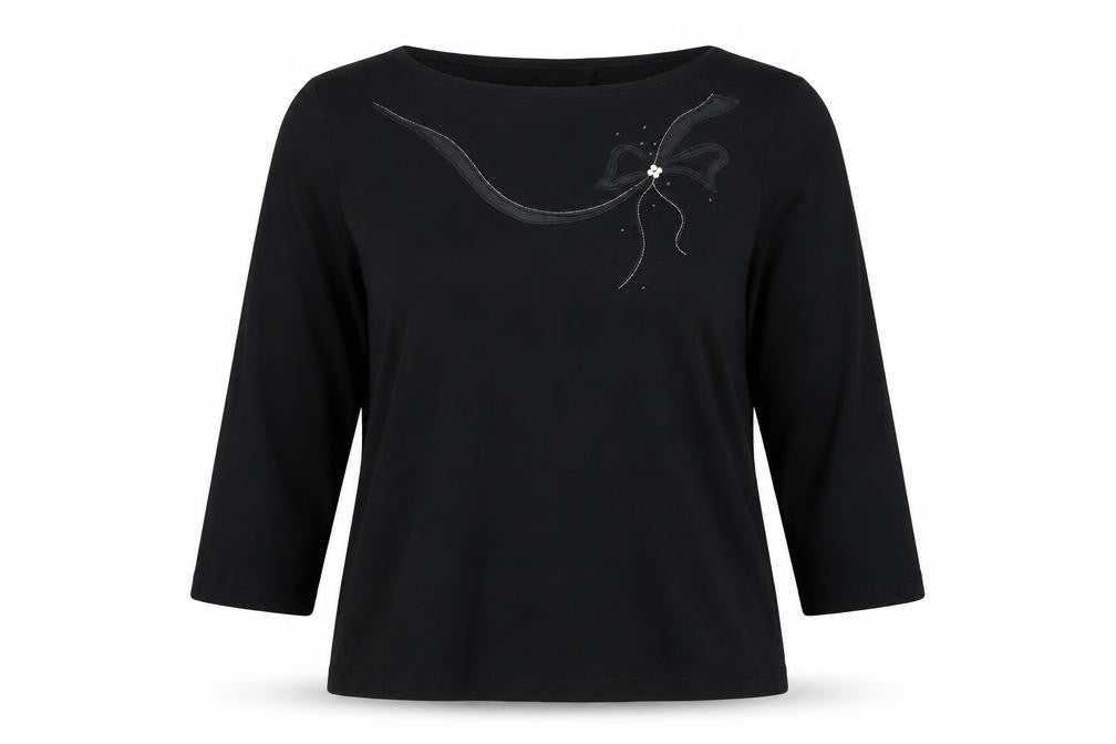 Front view of Marks & Spencer women’s black basic t-shirt, size UK 14, - bow