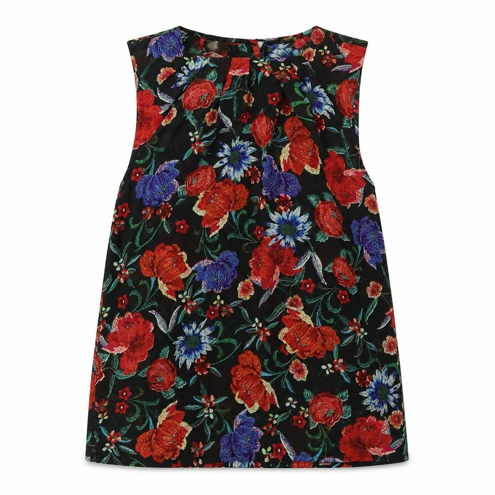 Front view of Mango collection women’s black floral basic tank, size UK 6
