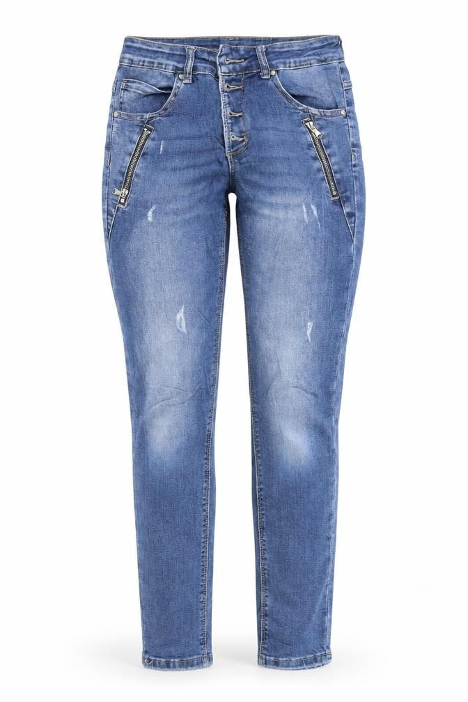 Front view of women’s blue straight jeans, size XS, 30-inch leg