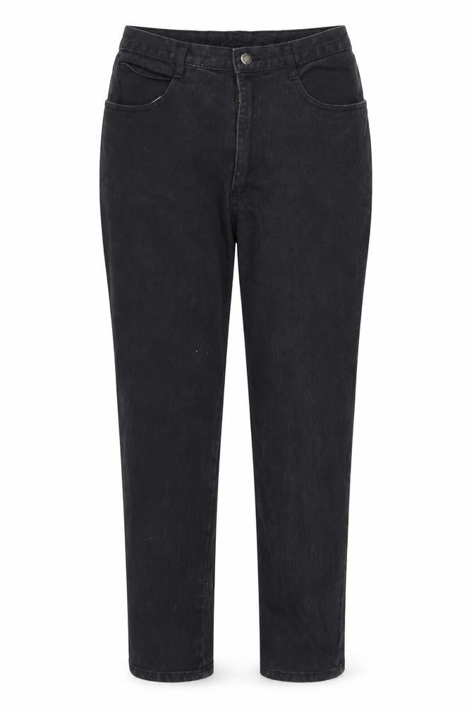 Front view of women’s black straight jeans, size UK 14, 34-inch leg