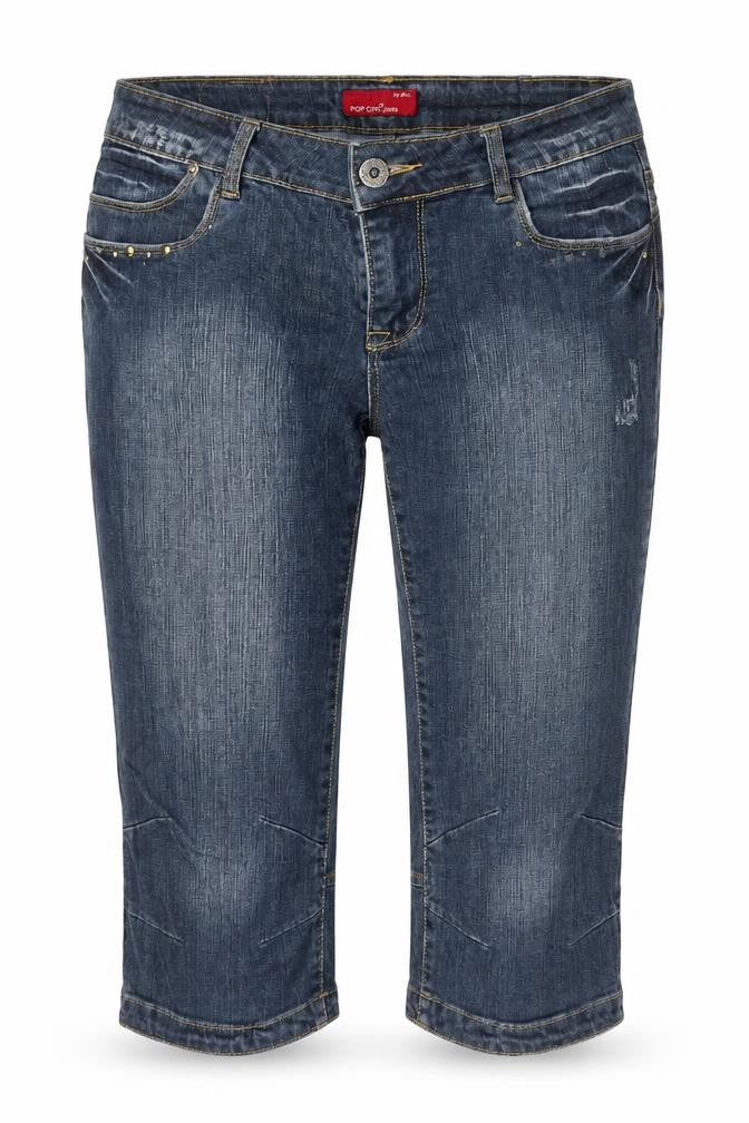 Front view of women’s blue straight jeans, size UK 31, in, 31-inch leg