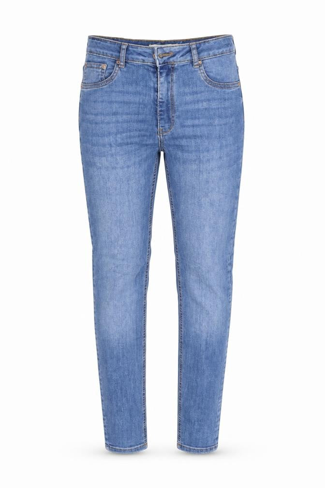 Front view of molly women’s blue straight jeans, size L, 32-inch leg