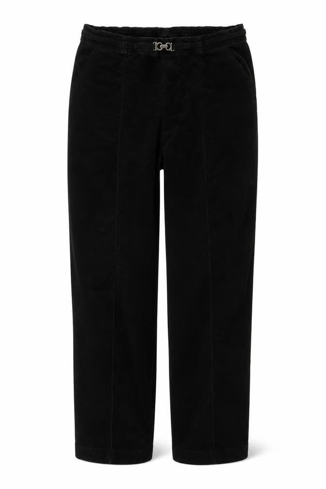 Front view of Preworn women’s black trousers, size UK 28, in, 24-inch leg