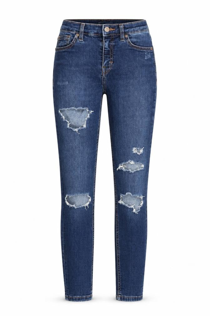 Front view of Topshop women’s blue skinny jeans, size UK 25, 27-inch leg