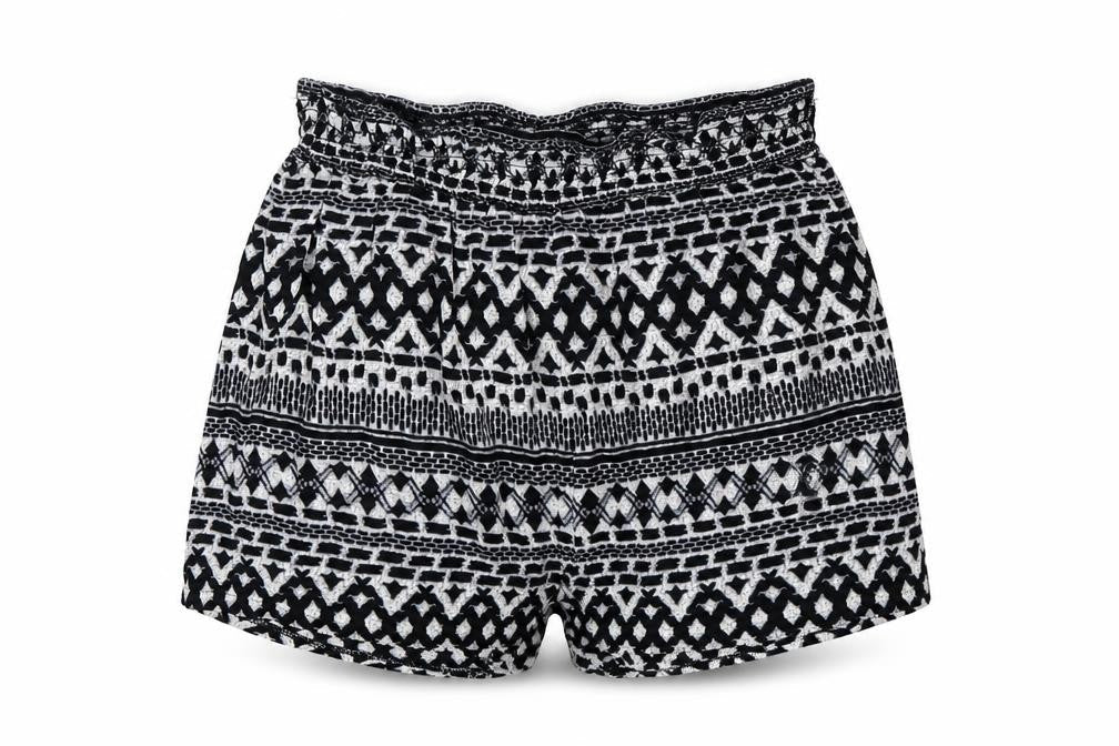 Front view of Brave Soul women’s multicoloured geometric hot pants shorts, size XS