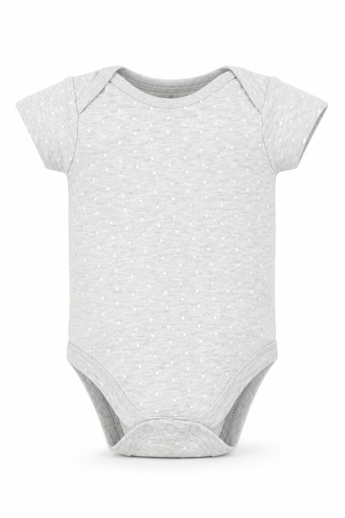 Front view of pure nanu Grey Polka Dot Babygrow One-Piece, size 12-18, Months - stars