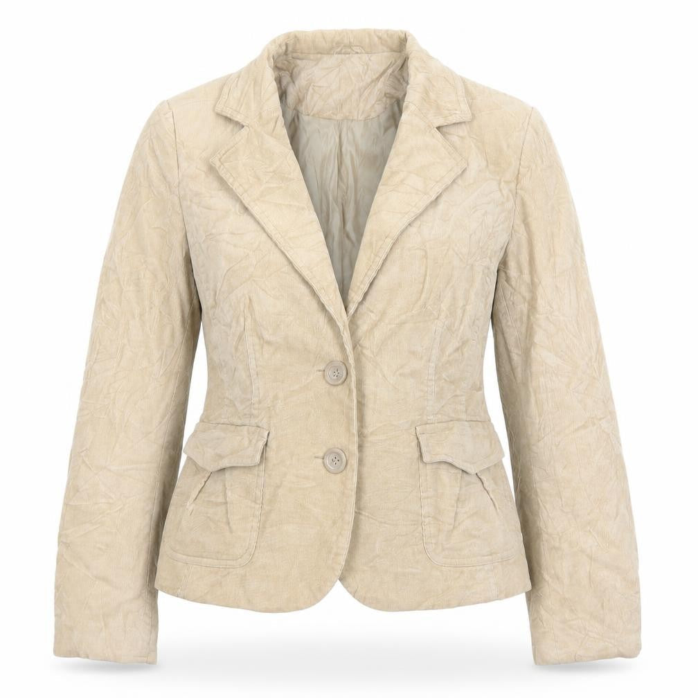 Front view of New Look women’s beige corduroy jacket, size UK 12