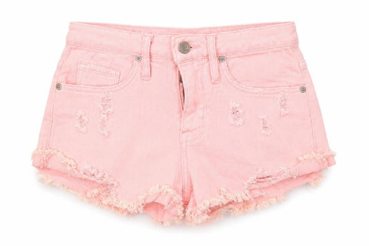 Front view of Preworn women’s pink hot pants shorts, size UK 26, in