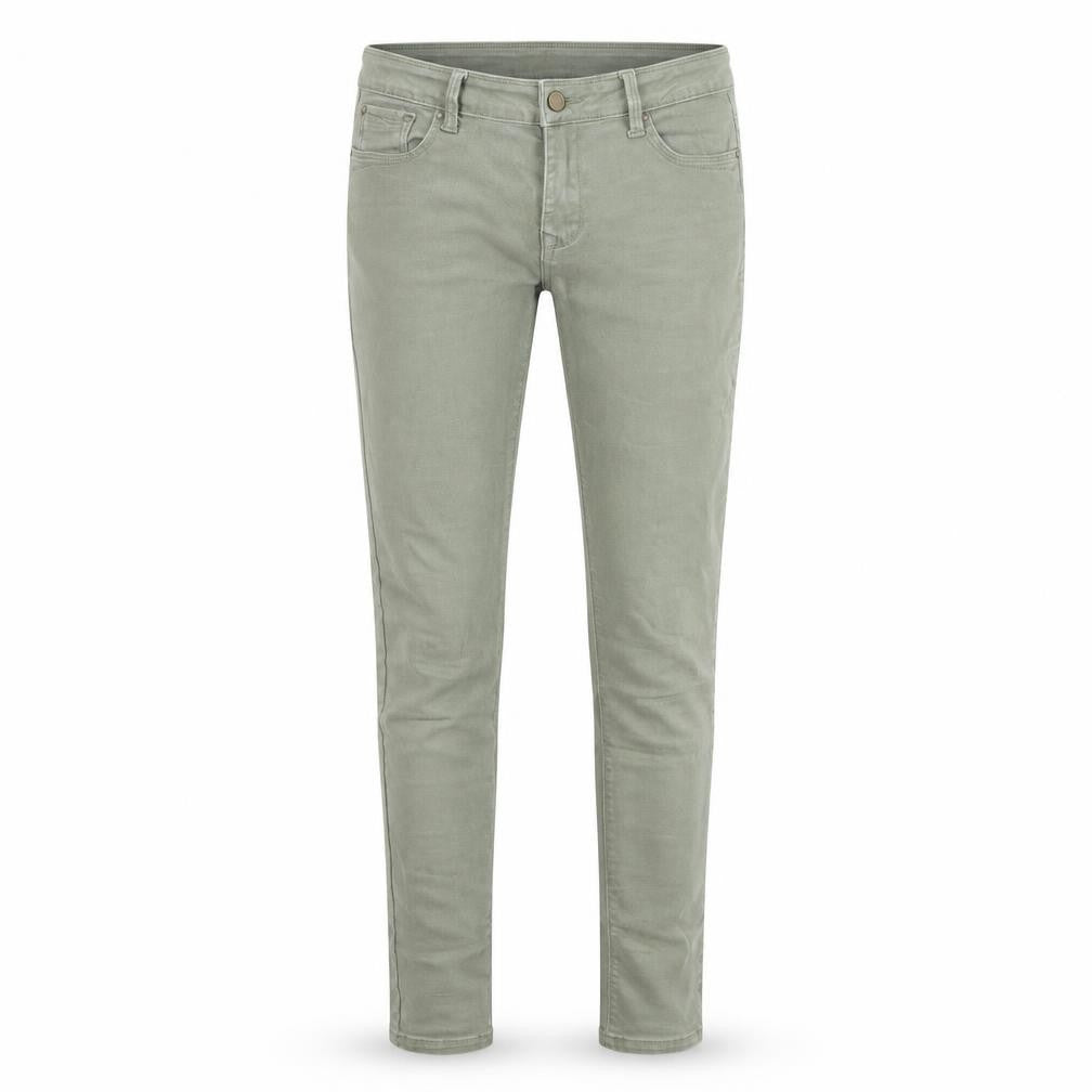 Front view of dunned women’s green denim skinny jeans, size UK 10, 27-inch leg
