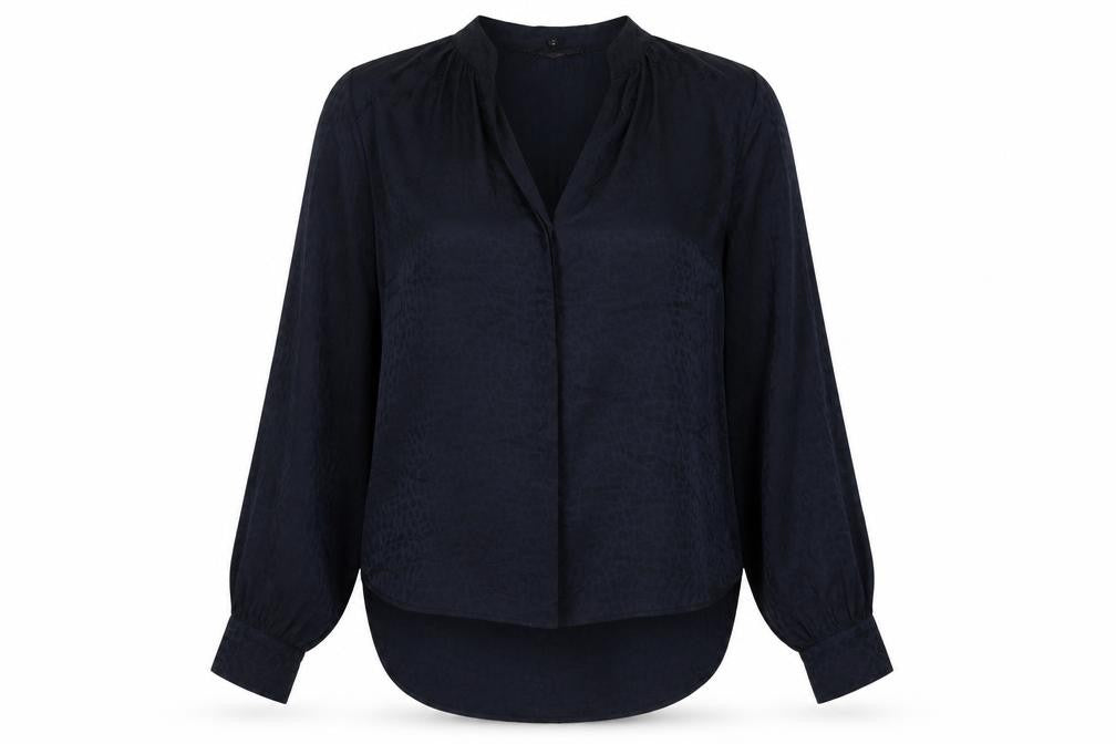 Front view of Next women’s blue animal print satin basic blouse, size UK 10