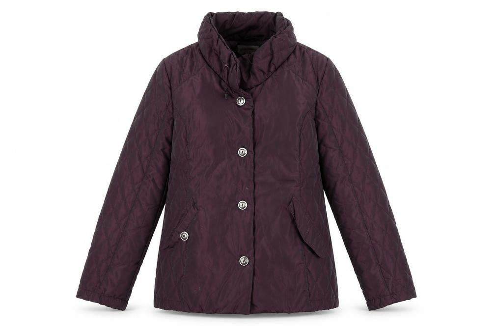 Front view of Bassini women’s purple quilted coat, size M