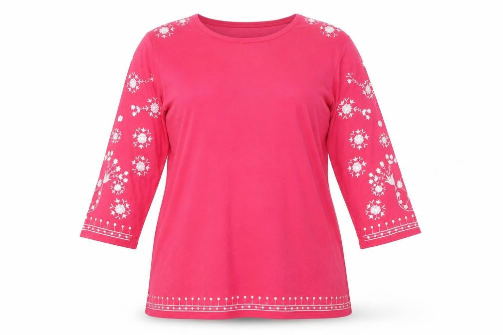 Front view of Text women’s pink floral basic t-shirt, size L