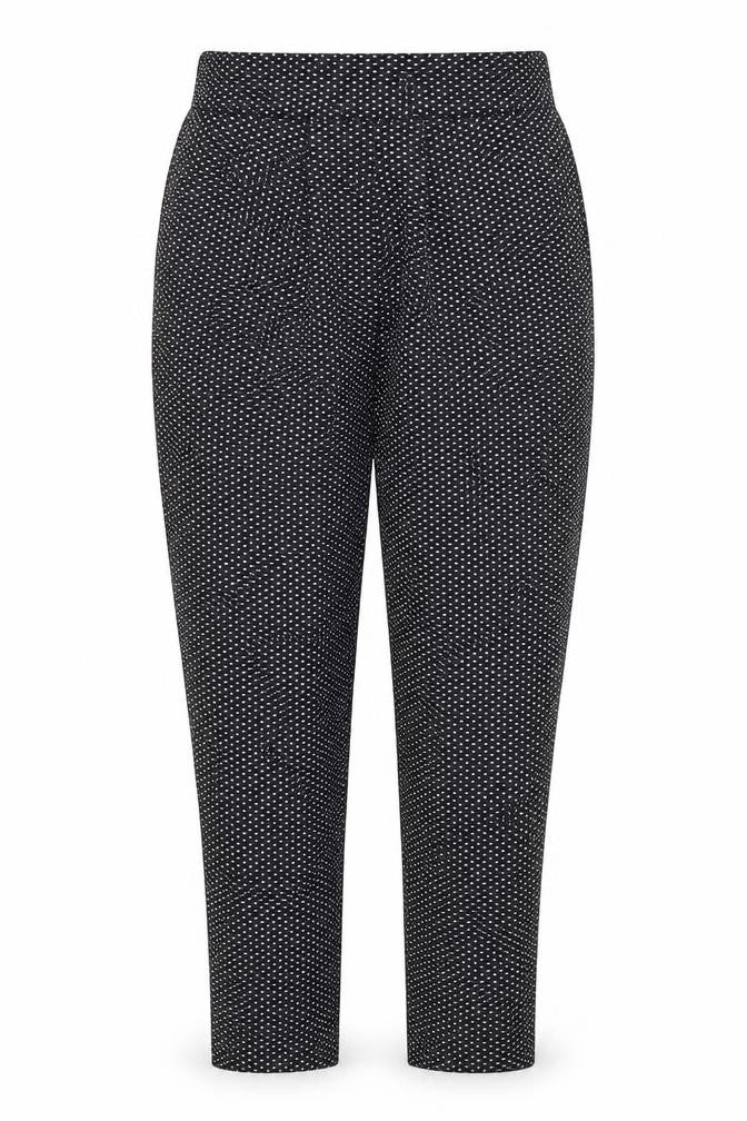 Front view of Preworn women’s black polka dot trousers, size UK 10, 28-inch leg