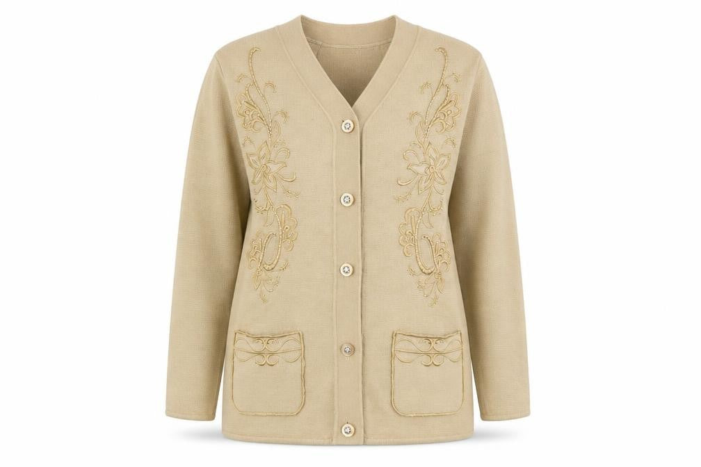 Front view of Roman Originals women’s beige cardigan jumper, size S