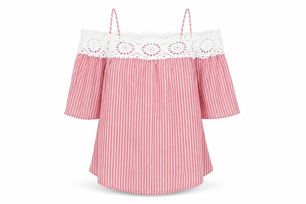 Front view of Papaya women’s red striped tunic blouse, size UK 8