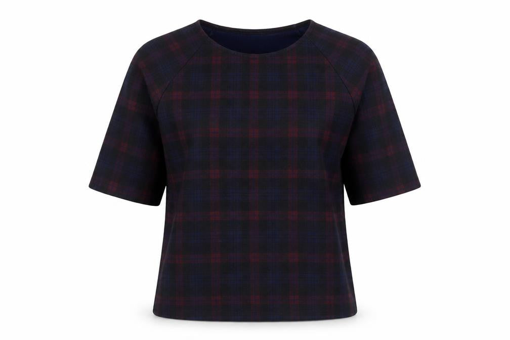 Front view of New Look women’s blue check basic t-shirt, size UK 10