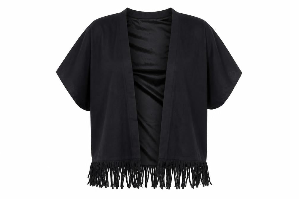 Front view of Cherry Couture women’s black velour kimono blouse, size S