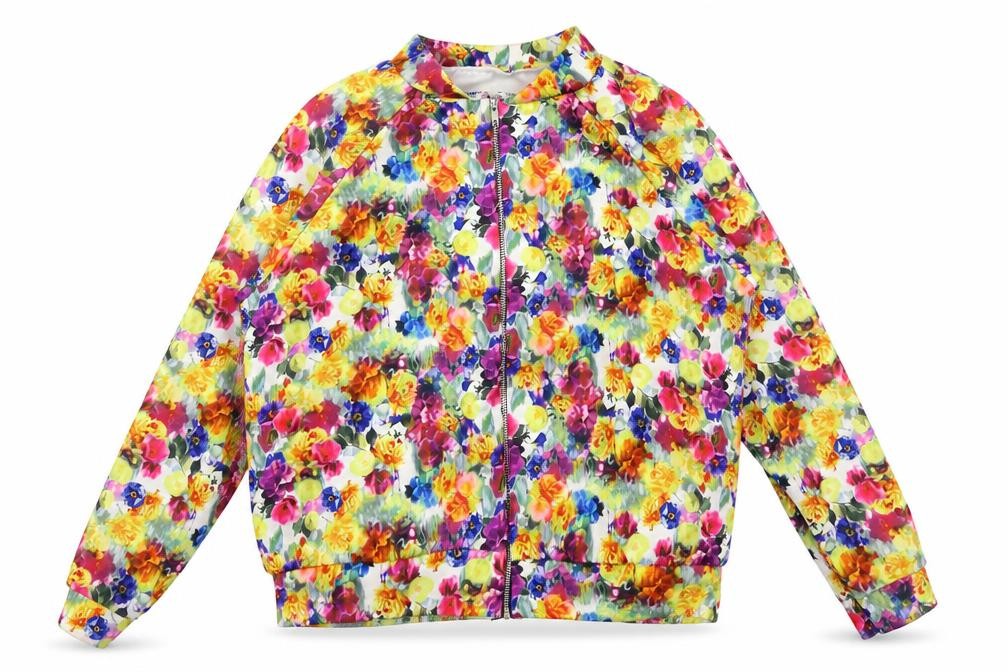 Front view of women’s multicoloured floral full zip sweatshirt, size UK 14