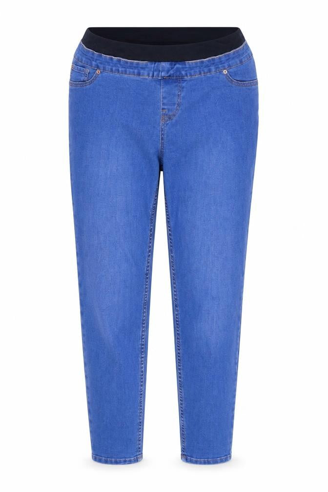 Front view of women’s blue straight jeans, size UK 10, 28-inch leg