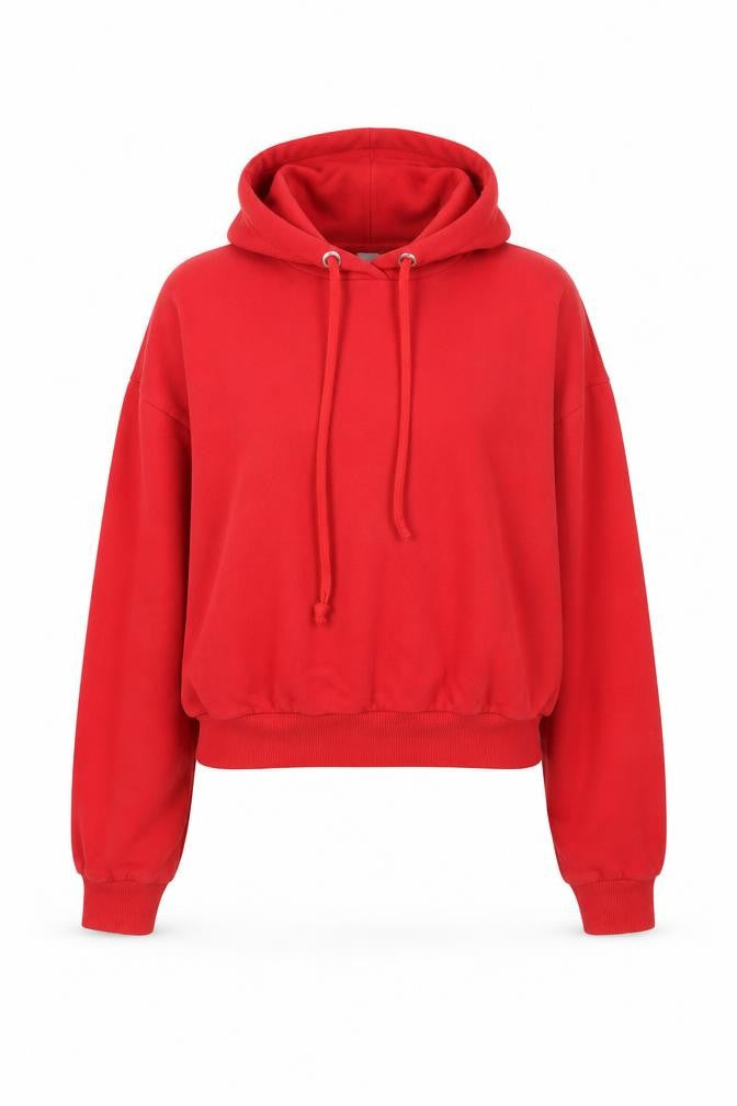 Front view of Divided by H&M women’s red jersey pullover hoodie, size XS
