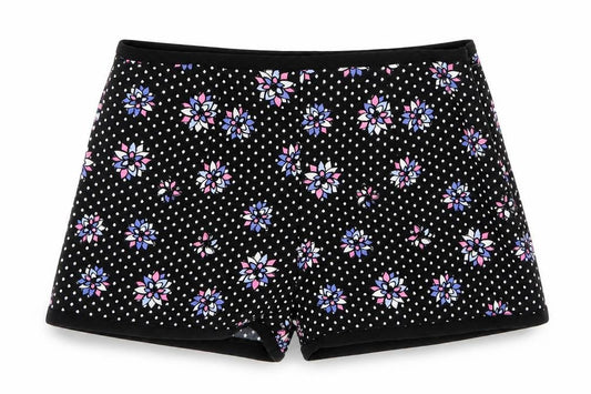 Front view of Definitions women’s black polka dot mom shorts, size UK 10, - pink and purple flowers